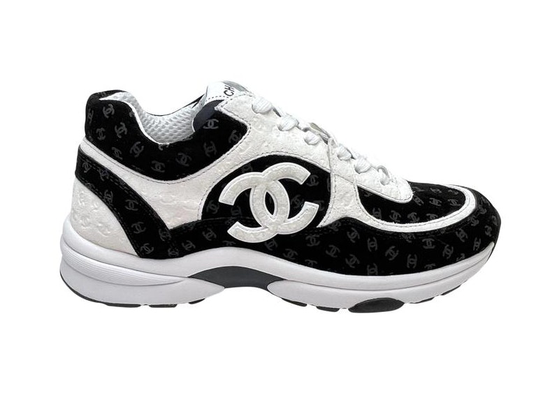 Chanel 22A White Black Suede Printed CC Logo Flat Runner Trainer Sneaker 39   eBay